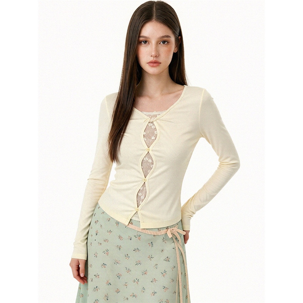 [BANKO] Áo sơ mi nữ phong cách Hàn Quốc mới, thiết kế slim-fit ôm body với hoạ tiết ren tay dài