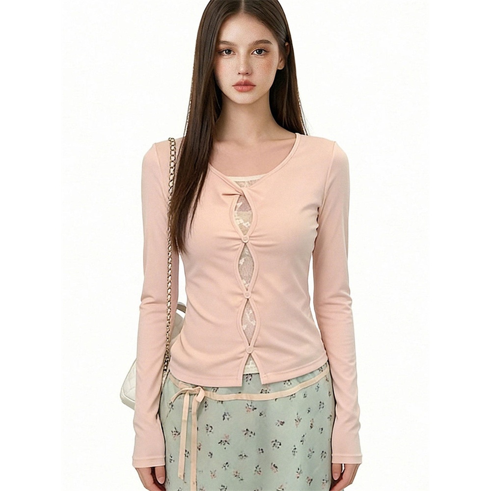 [BANKO] Áo sơ mi nữ phong cách Hàn Quốc mới, thiết kế slim-fit ôm body với hoạ tiết ren tay dài