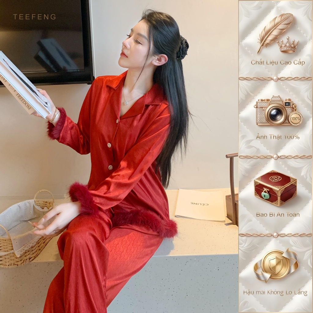 TEEFENG Bộ Đồ Ngủ Nữ Lụa Cao Cấp Phong Cách Sang Trọng Tay Dài Mùa Hè Mặc Nhà