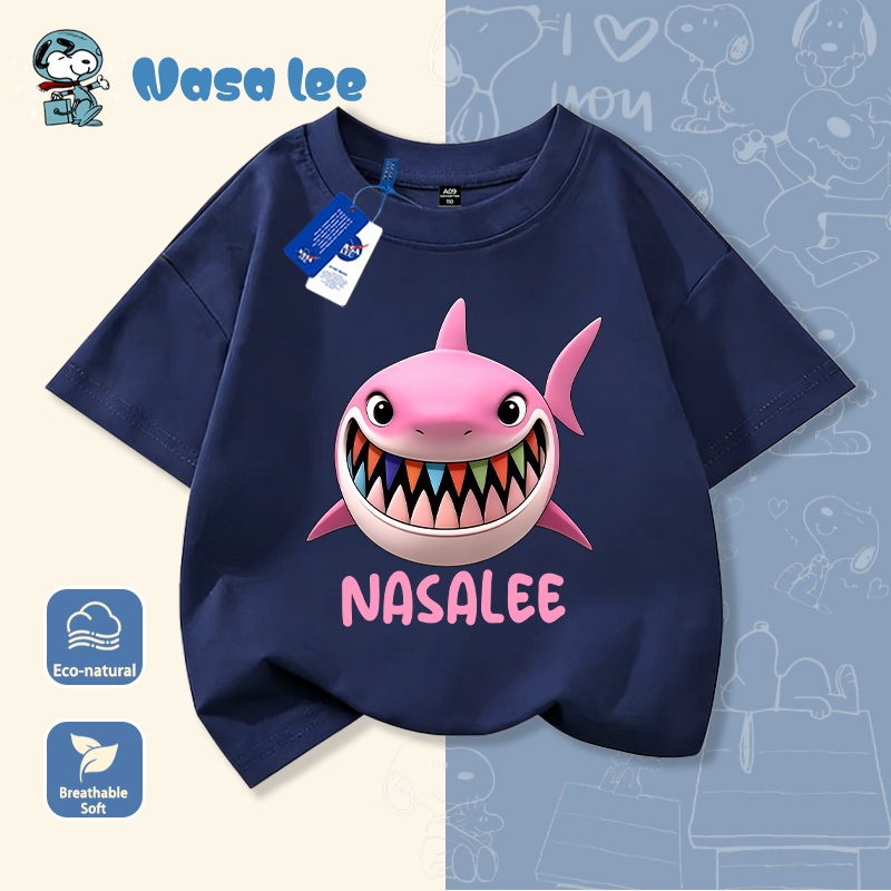 Áo Thun Cá Mập Nasalee 2026 - Cotton Rộng - Xanh Đậm Bé Gái