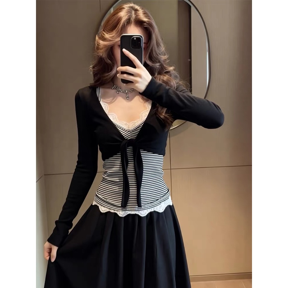 [BANKO] Áo Vest sọc ren sọc mỏng phong cách mới mùa xuân dành cho nữ Hàn Quốc + Bộ đồ hai mảnh Cardigan dài tay