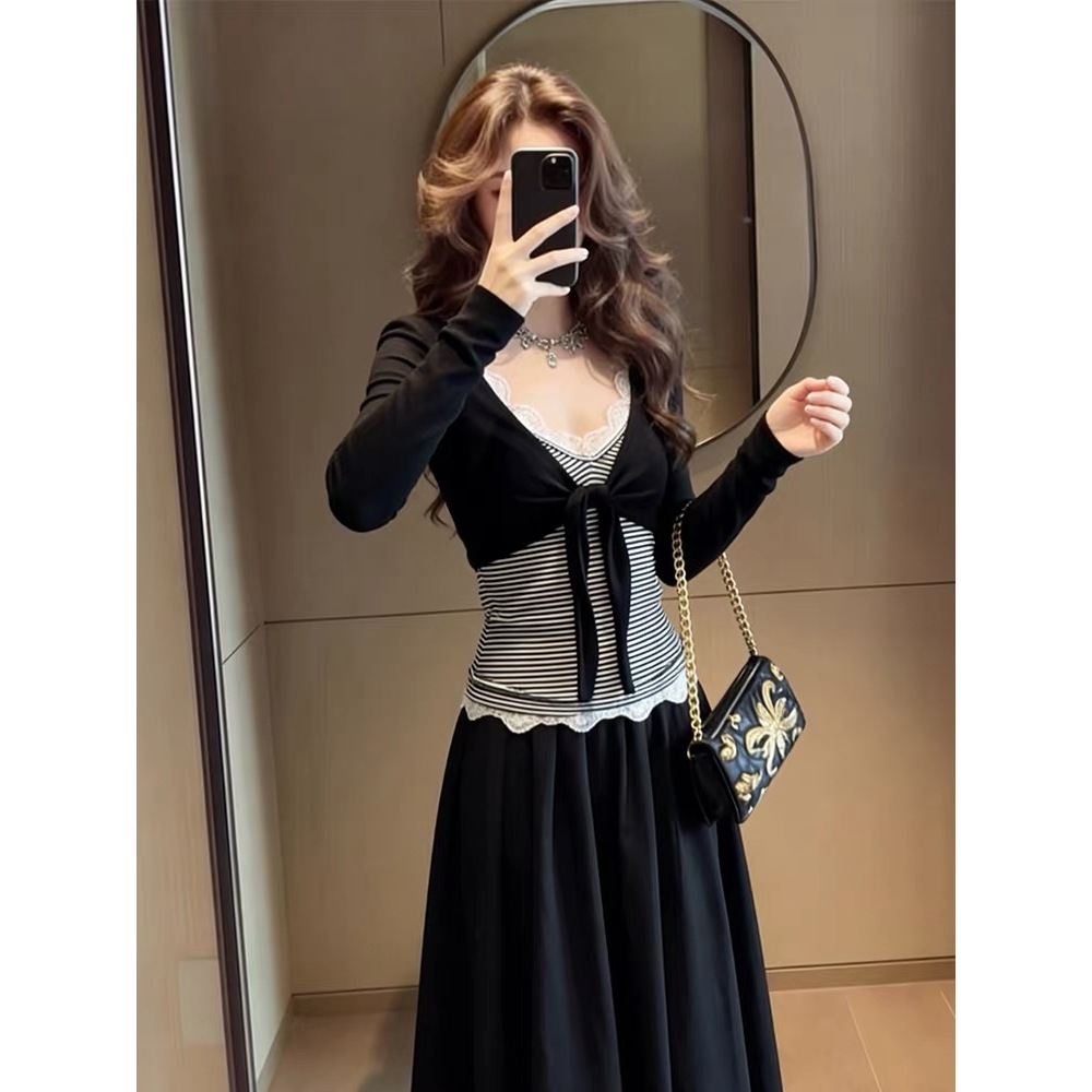 [BANKO] Áo Vest sọc ren sọc mỏng phong cách mới mùa xuân dành cho nữ Hàn Quốc + Bộ đồ hai mảnh Cardigan dài tay