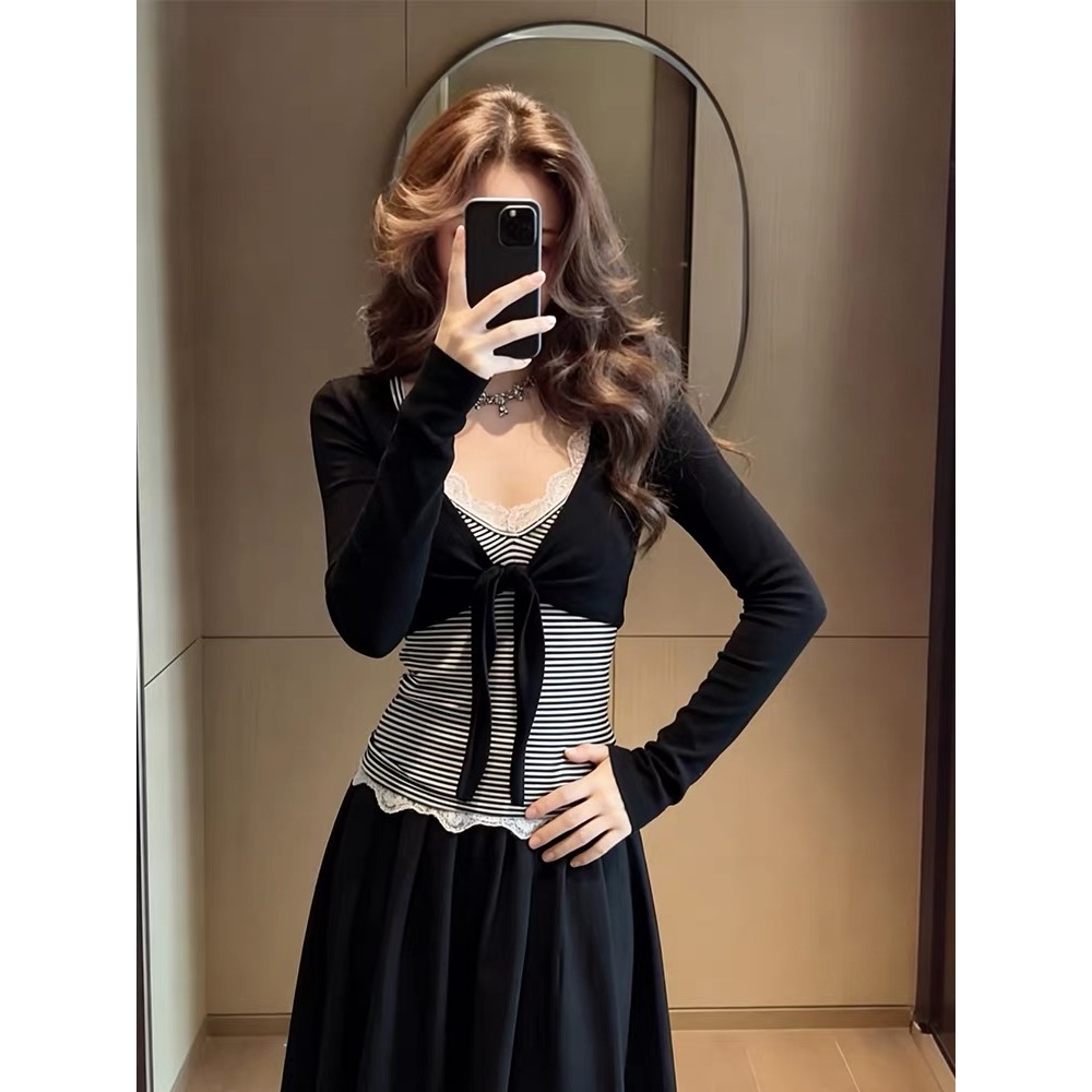 [BANKO] Áo Vest sọc ren sọc mỏng phong cách mới mùa xuân dành cho nữ Hàn Quốc + Bộ đồ hai mảnh Cardigan dài tay