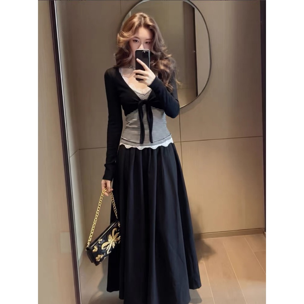 [BANKO] Áo Vest sọc ren sọc mỏng phong cách mới mùa xuân dành cho nữ Hàn Quốc + Bộ đồ hai mảnh Cardigan dài tay