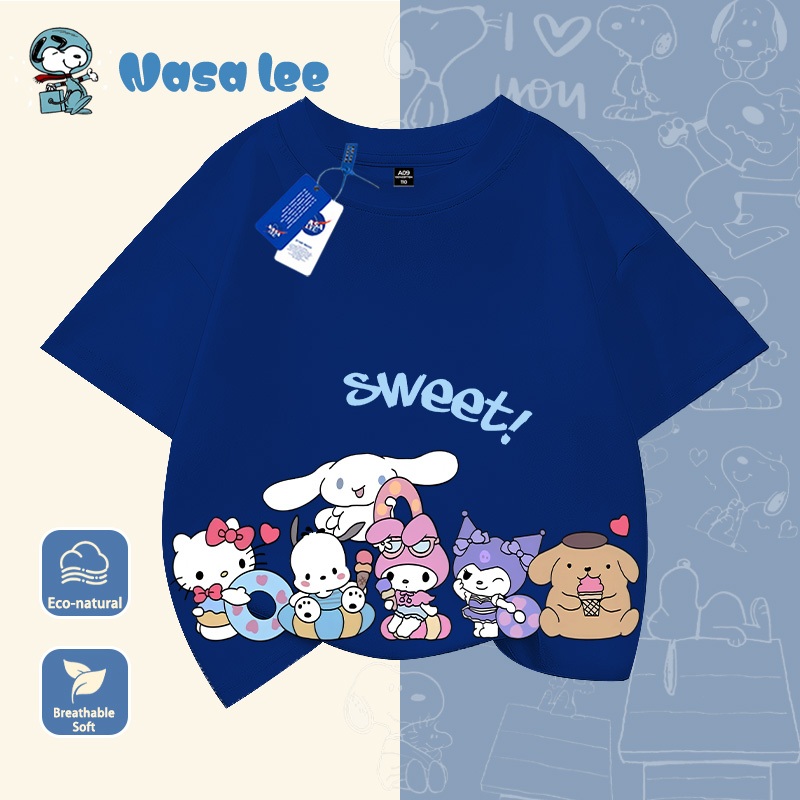 Áo phông ngắn tay cho bé gái lớn (6-14 tuổi), họa tiết NASA x Kuromi x Cinnamoroll x Kirby, Cotton 100% thoáng mát, Áo đôi mẹ con