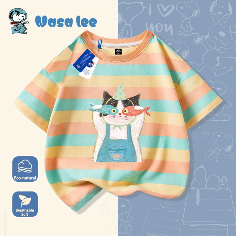 Áo phông ngắn tay NASA họa tiết mèo và cá, cho bé trai bé gái lớn (3-16 tuổi), Cotton 100% form rộng thoáng mát