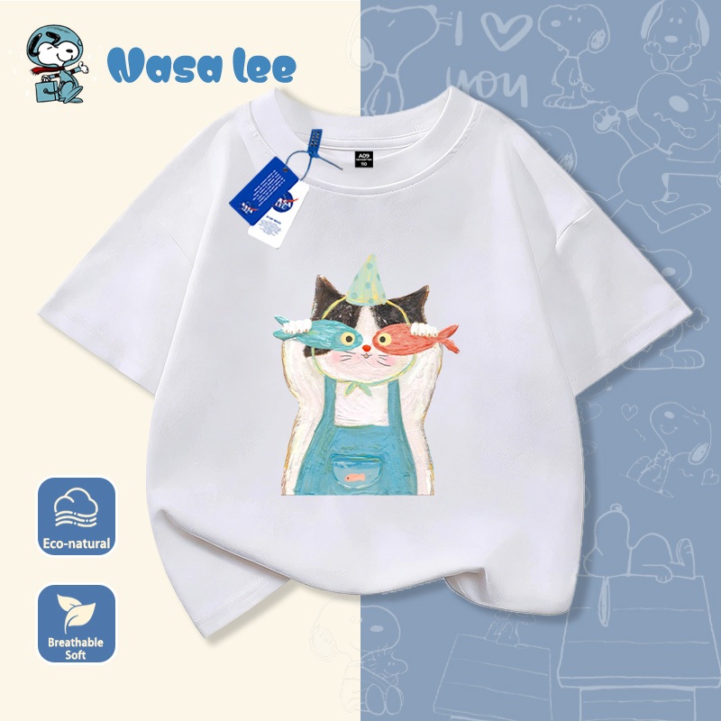 Áo phông ngắn tay NASA họa tiết mèo và cá, cho bé trai bé gái lớn (3-16 tuổi), Cotton 100% form rộng thoáng mát