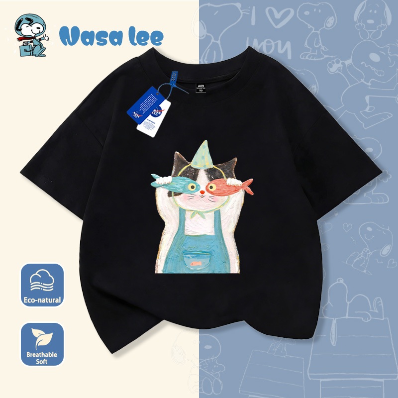 Áo phông ngắn tay NASA họa tiết mèo và cá, cho bé trai bé gái lớn (3-16 tuổi), Cotton 100% form rộng thoáng mát