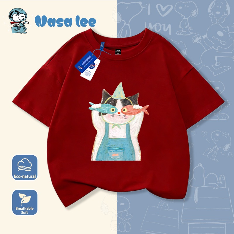 Áo phông ngắn tay NASA họa tiết mèo và cá, cho bé trai bé gái lớn (3-16 tuổi), Cotton 100% form rộng thoáng mát