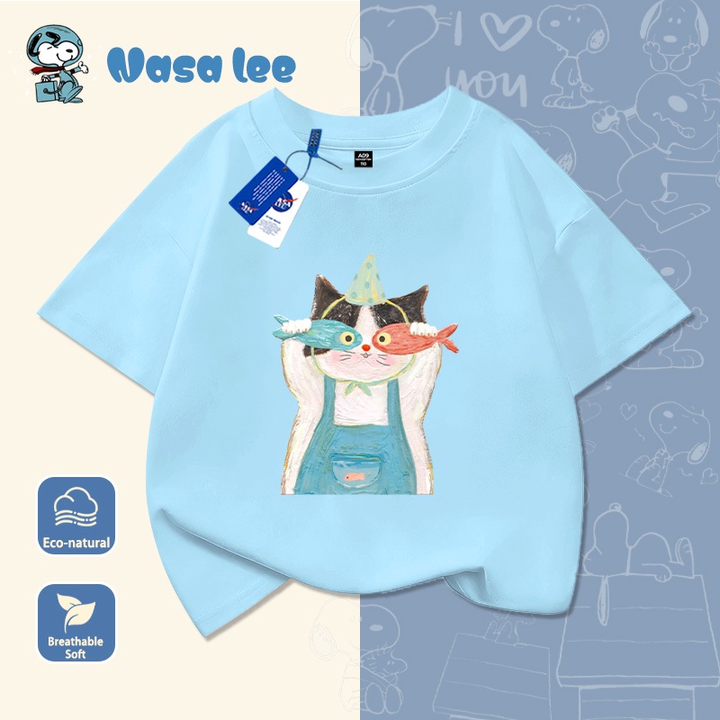 Áo phông ngắn tay NASA họa tiết mèo và cá, cho bé trai bé gái lớn (3-16 tuổi), Cotton 100% form rộng thoáng mát