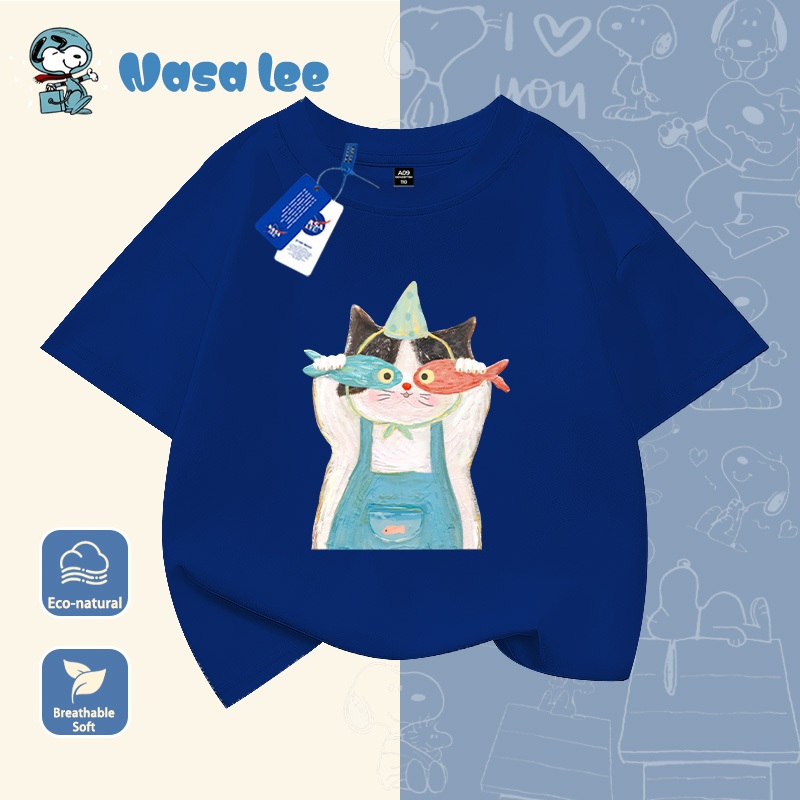 Áo phông ngắn tay NASA họa tiết mèo và cá, cho bé trai bé gái lớn (3-16 tuổi), Cotton 100% form rộng thoáng mát