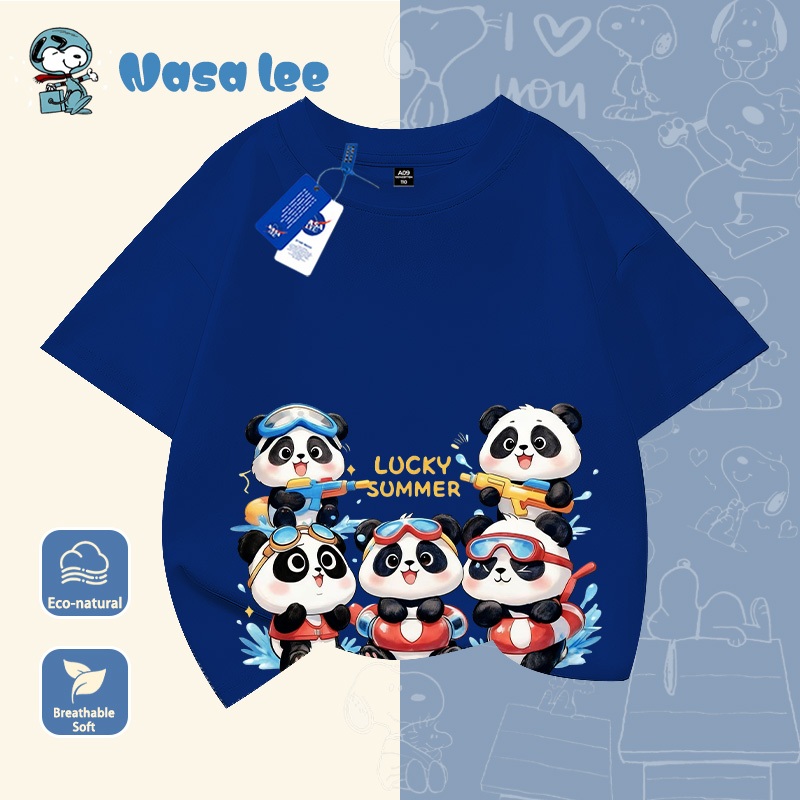 Áo phông ngắn tay cho bé trai lớn (6-14 tuổi) mẫu mới 2026, vải Cotton 100% thoáng mát, họa tiết sọc gấu trúc