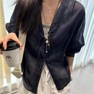 Áo sơ mi dài tay thêu ren cổ chữ V phong cách Hàn Quốc
