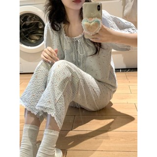 Đồ ngủ nữ ren hoa caro, bộ gồm áo và quần ngắn tay mỏng
