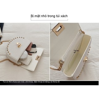 Hàng sẵn có 22 * 6.5 * 16CM Phong Cách Mới Đinh Tán Trang Trí Màu Trơn Hợp Thời Trang Tất Cả Trận Đấu Túi Messenger Một Vai Khóa Dây Đeo Vai Túi Yên Xe Cảm Giác Cao Cấp