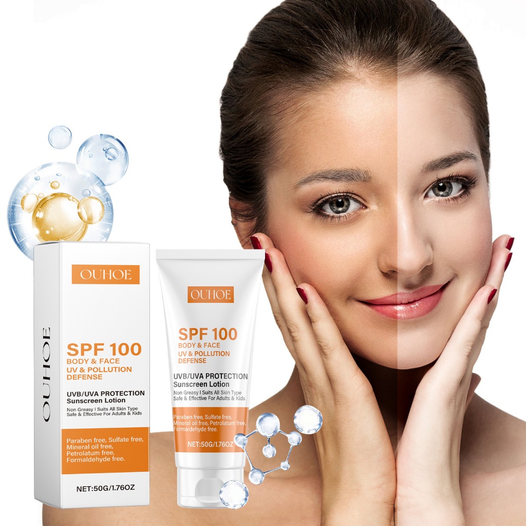Kem chống nắng OUHOE SPF 100 Body & Face UV Pollution Defense Non Greasy Paraben Free Sulfate Free 50g