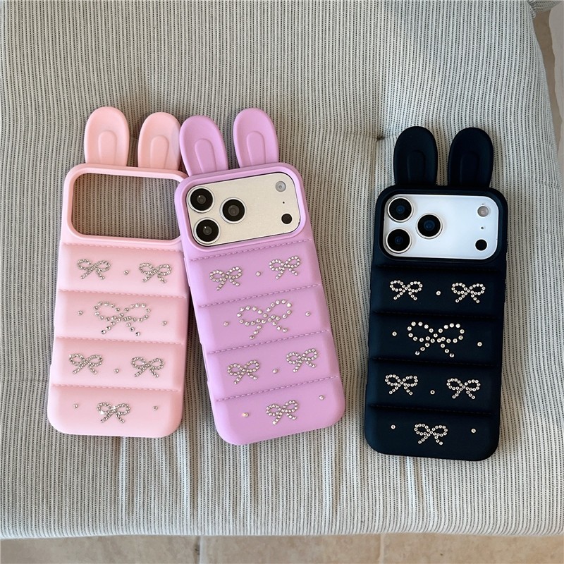 IPhone 17 Pro Max Tai ba chiều Họa tiết nơ kim cương lấp lánh Vỏ điện thoại chất liệu TPU