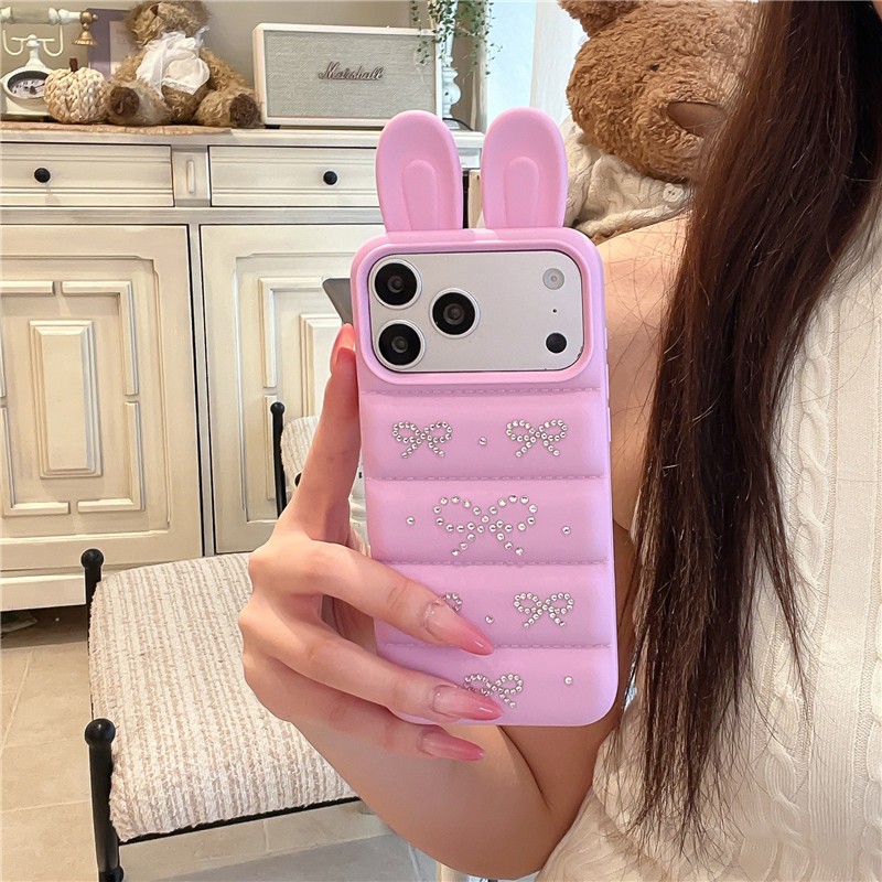 IPhone 17 Pro Max Tai ba chiều Họa tiết nơ kim cương lấp lánh Vỏ điện thoại chất liệu TPU