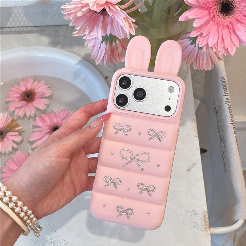 IPhone 17 Pro Max Tai ba chiều Họa tiết nơ kim cương lấp lánh Vỏ điện thoại chất liệu TPU