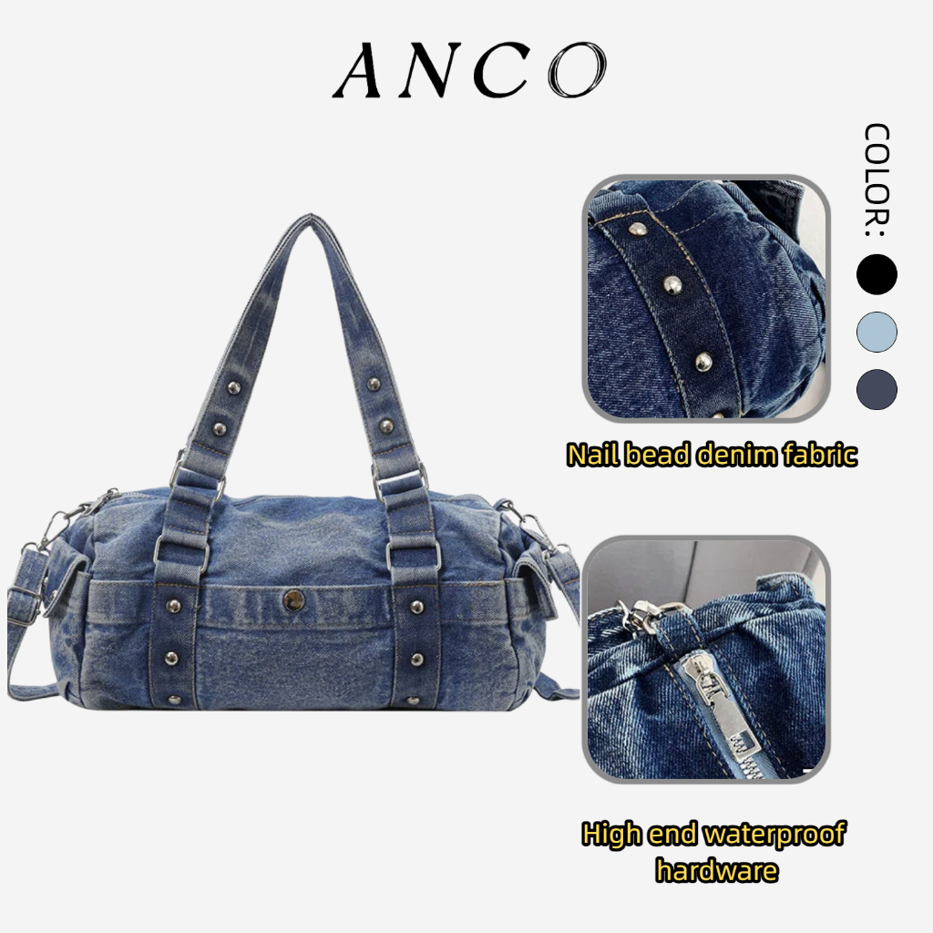 ANCO 2026 Túi xách phụ nữ Hàn Quốc Phong cách Vintage Denim Gối Túi có thể giặt nách xách tay Túi xách đơn giản Túi xách phụ nữ có thể mặc