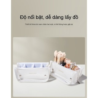 Hàng sẵn có 2026 Túi đựng cọ trang điểm phong cách mới Dung tích lớn Lưu trữ di động dọc Có thể gập lại Phân vùng trong suốt Túi đựng mỹ phẩm pu Cảm giác cao cấp