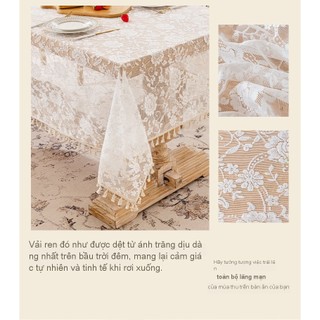 Khăn trải bàn ren hoa hồng Pháp 140x300cm cao cấp, hình chữ nhật, trang trí cưới, cảm giác cao cấp