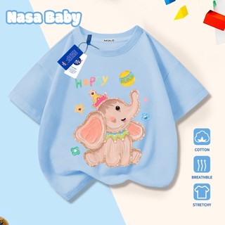 Áo thun in hình voi NASA, chất liệu cotton, thoáng mát mùa hè, tay ngắn cho nam nữ và trẻ em.