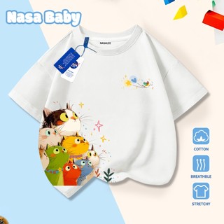 Áo thun in hình NASA dễ thương, chất liệu cotton, thoáng mát mùa hè, tay ngắn cho nam nữ và trẻ em.