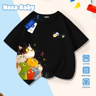 Áo thun in hình NASA dễ thương, chất liệu cotton, thoáng mát mùa hè, tay ngắn cho nam nữ và trẻ em.