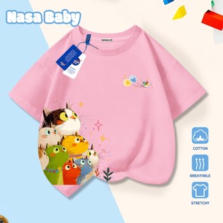 Áo thun in hình NASA dễ thương, chất liệu cotton, thoáng mát mùa hè, tay ngắn cho nam nữ và trẻ em.