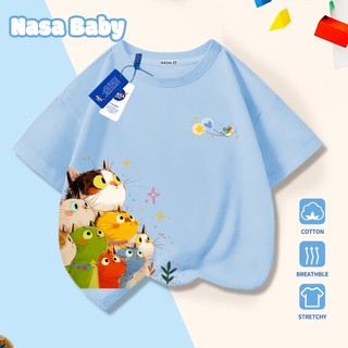 Áo thun in hình NASA dễ thương, chất liệu cotton, thoáng mát mùa hè, tay ngắn cho nam nữ và trẻ em.