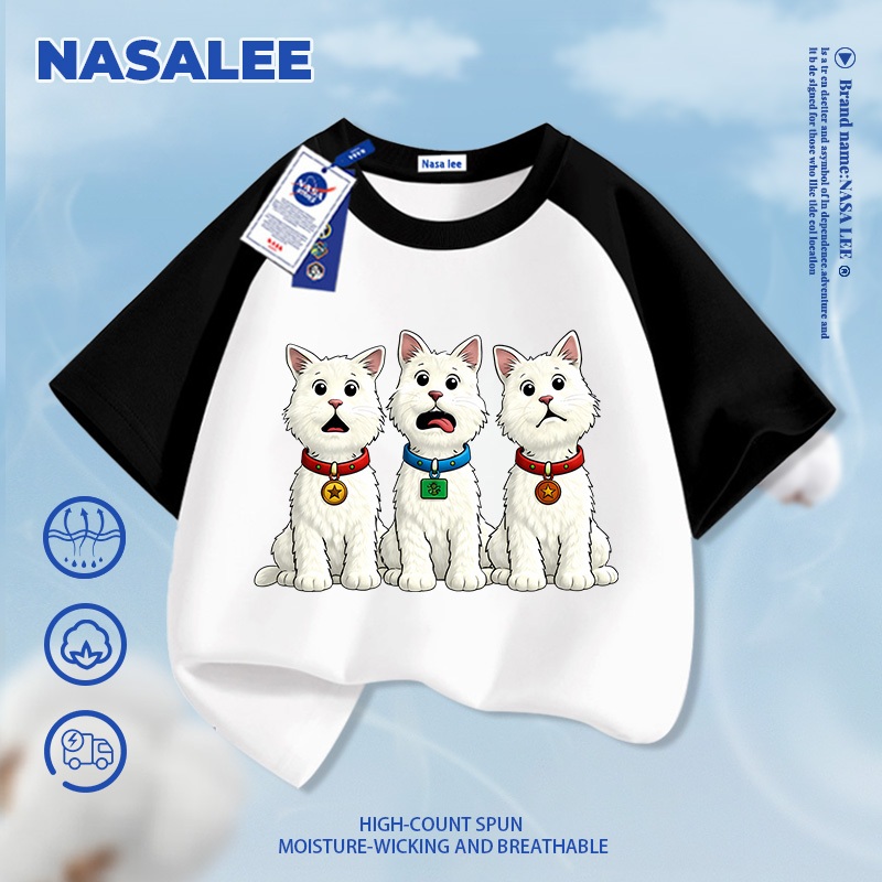 [Giao hàng trong ngày] Thương hiệu nổi tiếng Áo thun ngắn tay màu xanh đậm Cotton nguyên chất thoáng khí thoải mái Quần áo bé trai bé gái thời trang Ba con chó con họa tiết nửa @