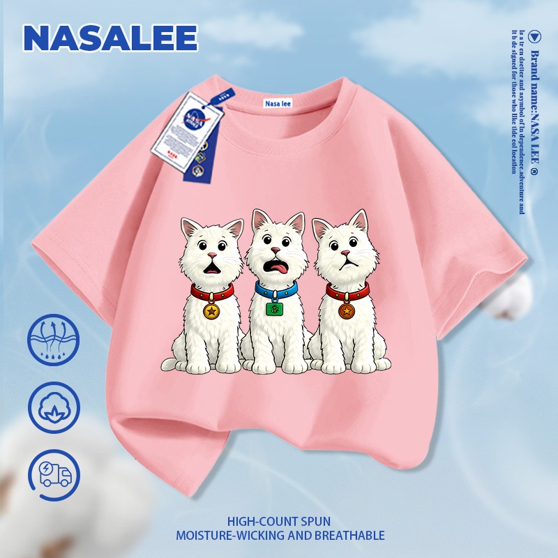 [Giao hàng trong ngày] Thương hiệu nổi tiếng Áo thun ngắn tay màu xanh đậm Cotton nguyên chất thoáng khí thoải mái Quần áo bé trai bé gái thời trang Ba con chó con họa tiết nửa @