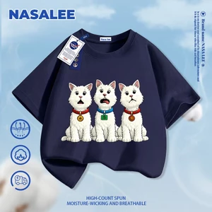 Thương hiệu nổi tiếng Áo thun ngắn tay màu xanh đậm Cotton nguyên chất thoáng khí thoải mái Quần áo bé trai bé gái thời trang Ba con chó con họa tiết nửa @