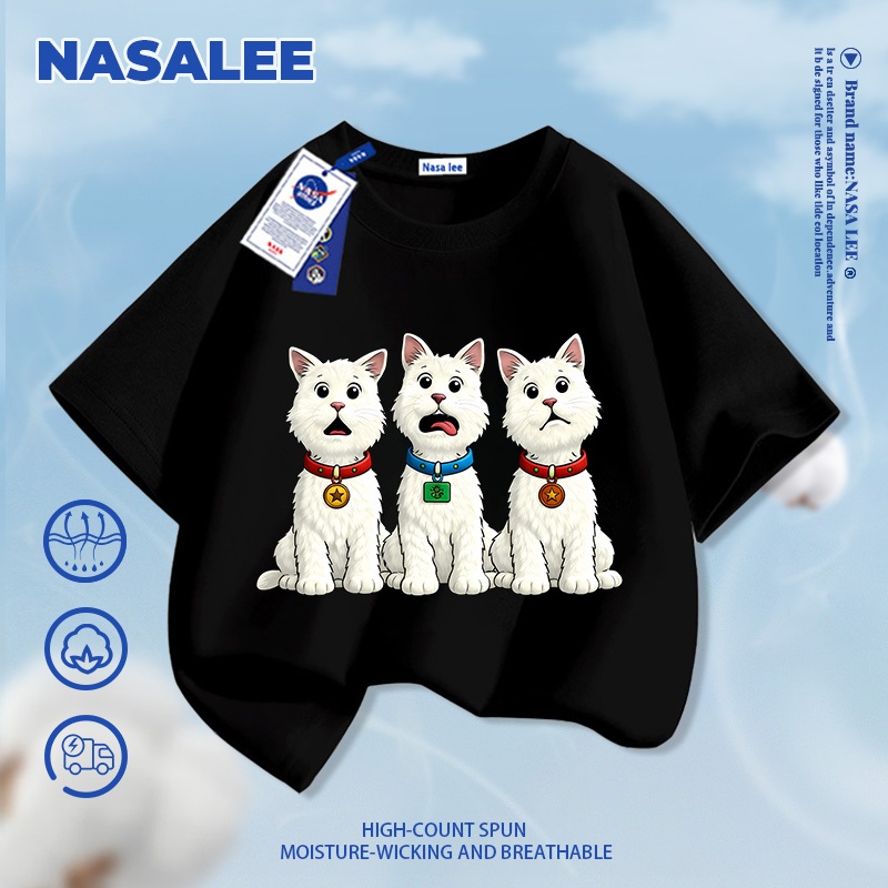 [Giao hàng trong ngày] Thương hiệu nổi tiếng Áo thun ngắn tay màu xanh đậm Cotton nguyên chất thoáng khí thoải mái Quần áo bé trai bé gái thời trang Ba con chó con họa tiết nửa @