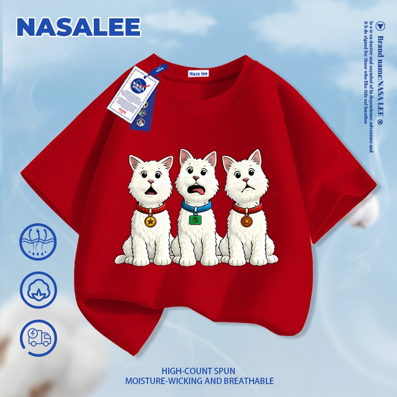 [Giao hàng trong ngày] Thương hiệu nổi tiếng Áo thun ngắn tay màu xanh đậm Cotton nguyên chất thoáng khí thoải mái Quần áo bé trai bé gái thời trang Ba con chó con họa tiết nửa @