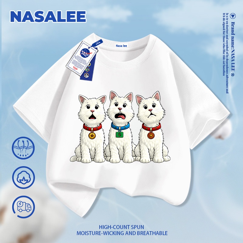 [Giao hàng trong ngày] Thương hiệu nổi tiếng Áo thun ngắn tay màu xanh đậm Cotton nguyên chất thoáng khí thoải mái Quần áo bé trai bé gái thời trang Ba con chó con họa tiết nửa @