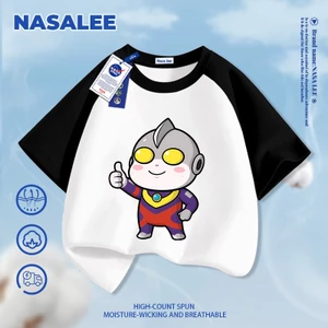 Áo thun Cotton nguyên chất màu đen trắng thoáng khí không khí họa tiết hoạt hình 3-16 tuổi Áo sơ mi ngắn tay dáng rộng thông thường