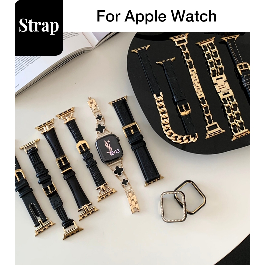 Phụ kiện kim loại da thật màu vàng đen dành cho nữ dành cho Apple Watch S11 SE3 Ultra3 S10 S9 S8 SE S7 S6 Ultra 49mm 46mm 42mm 40mm 44mm 41mm 45mm Iwatch Band