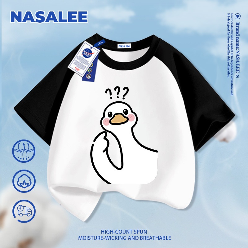 [Giao hàng trong ngày] Áo thun Cotton trắng nguyên chất thoáng khí cho trẻ em Dấu hỏi bầu không khí Họa tiết ngỗng trắng lớn 3-16 tuổi dáng rộng thường ngày ngắn-