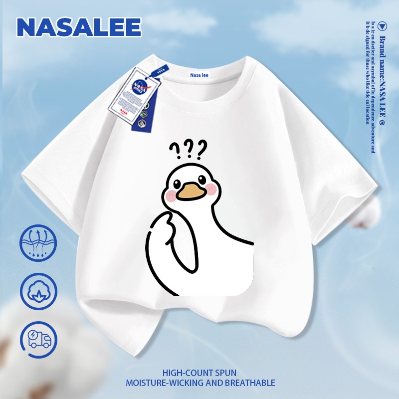 [Giao hàng trong ngày] Áo thun Cotton trắng nguyên chất thoáng khí cho trẻ em Dấu hỏi bầu không khí Họa tiết ngỗng trắng lớn 3-16 tuổi dáng rộng thường ngày ngắn-