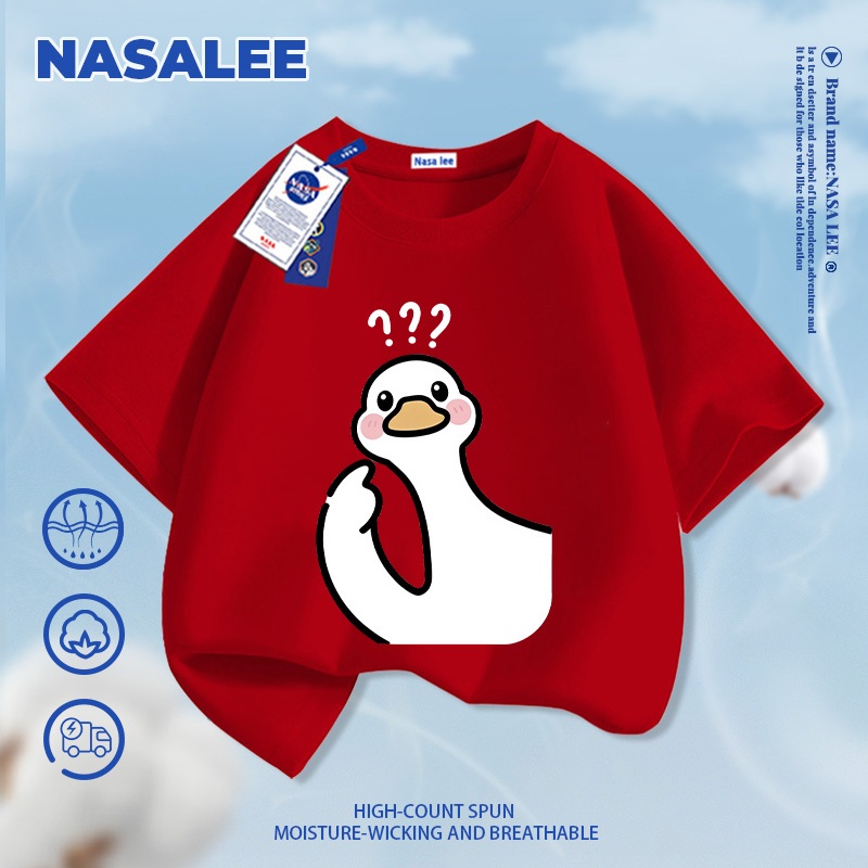 [Giao hàng trong ngày] Áo thun Cotton trắng nguyên chất thoáng khí cho trẻ em Dấu hỏi bầu không khí Họa tiết ngỗng trắng lớn 3-16 tuổi dáng rộng thường ngày ngắn-