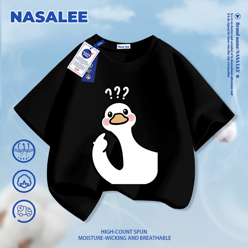 [Giao hàng trong ngày] Áo thun Cotton trắng nguyên chất thoáng khí cho trẻ em Dấu hỏi bầu không khí Họa tiết ngỗng trắng lớn 3-16 tuổi dáng rộng thường ngày ngắn-