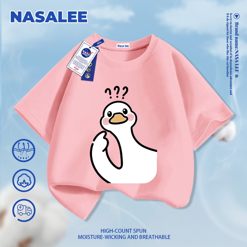 [Giao hàng trong ngày] Áo thun Cotton trắng nguyên chất thoáng khí cho trẻ em Dấu hỏi bầu không khí Họa tiết ngỗng trắng lớn 3-16 tuổi dáng rộng thường ngày ngắn-