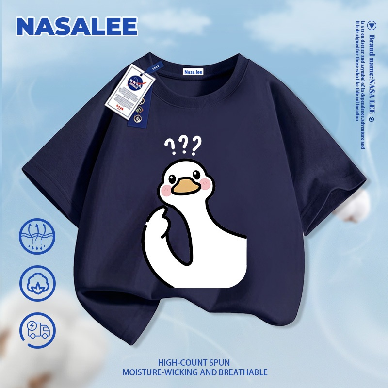 [Giao hàng trong ngày] Áo thun Cotton trắng nguyên chất thoáng khí cho trẻ em Dấu hỏi bầu không khí Họa tiết ngỗng trắng lớn 3-16 tuổi dáng rộng thường ngày ngắn-