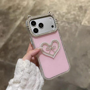 Trái tim nơ tai mèo với vỏ cứng kim cương giả lấp lánh tương thích cho iPhone 13 pro max 14 pro max 15 pro max 16 pro max 17 Pro max