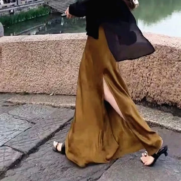 Váy dài satin axetat kiểu mới, váy nửa người, váy đuôi cá, váy đuôi cá, váy đuôi cá, váy thắt lưng, váy xẻ tà, váy dài Hàn Quốc, váy thường ngày.