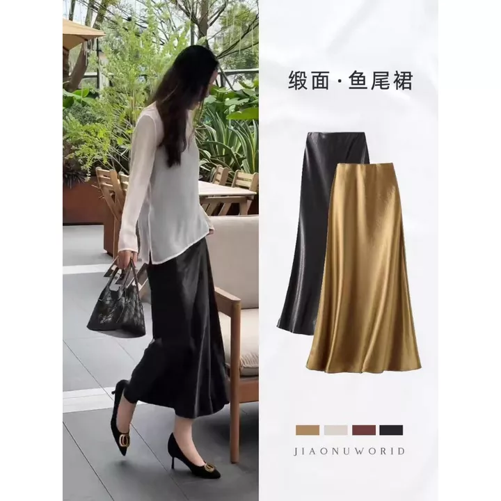 Váy dài satin axetat kiểu mới, váy nửa người, váy đuôi cá, váy đuôi cá, váy đuôi cá, váy thắt lưng, váy xẻ tà, váy dài Hàn Quốc, váy thường ngày.