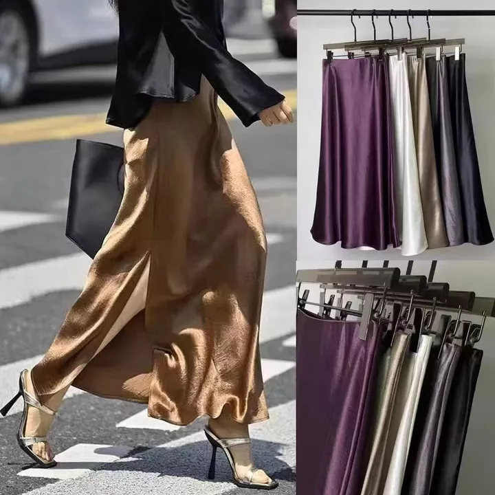 Váy dài satin axetat kiểu mới, váy nửa người, váy đuôi cá, váy đuôi cá, váy đuôi cá, váy thắt lưng, váy xẻ tà, váy dài Hàn Quốc, váy thường ngày.