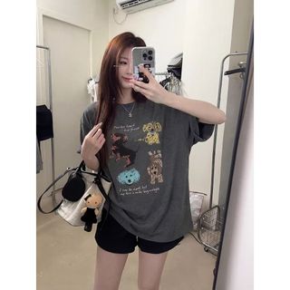 Áo thun nữ cổ tròn tay ngắn cotton, họa tiết hoạt hình